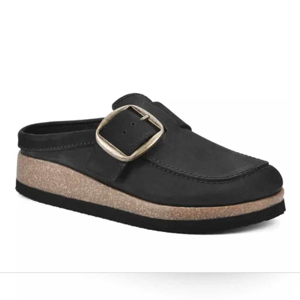 White Mountain Bueno Mule Blackless Black Suede Leather Cork Platform Sz 7-8.5 - Picture 1 of 16